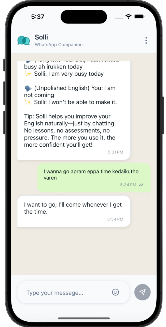 Solli WhatsApp English companion app interface showing message polishing feature with before and after text examples